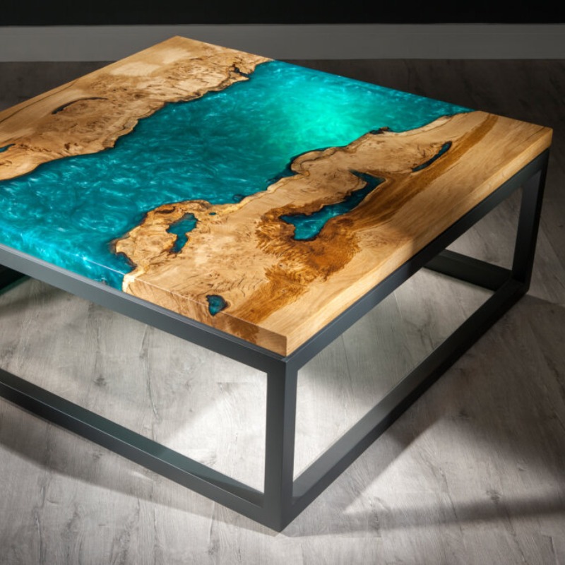 Shoreline Solid Wood & Epoxy Resin Metal Frame center Table