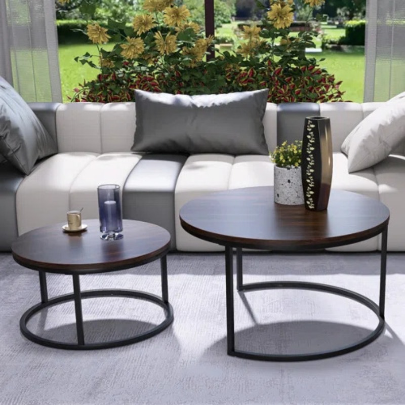 Round Table , 2 Piece Coffee Table Set in Wood and Black, centar Table , Nesting Table