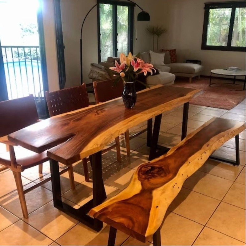 Brindle Live Edge Solid Wood Dining Table With Bench