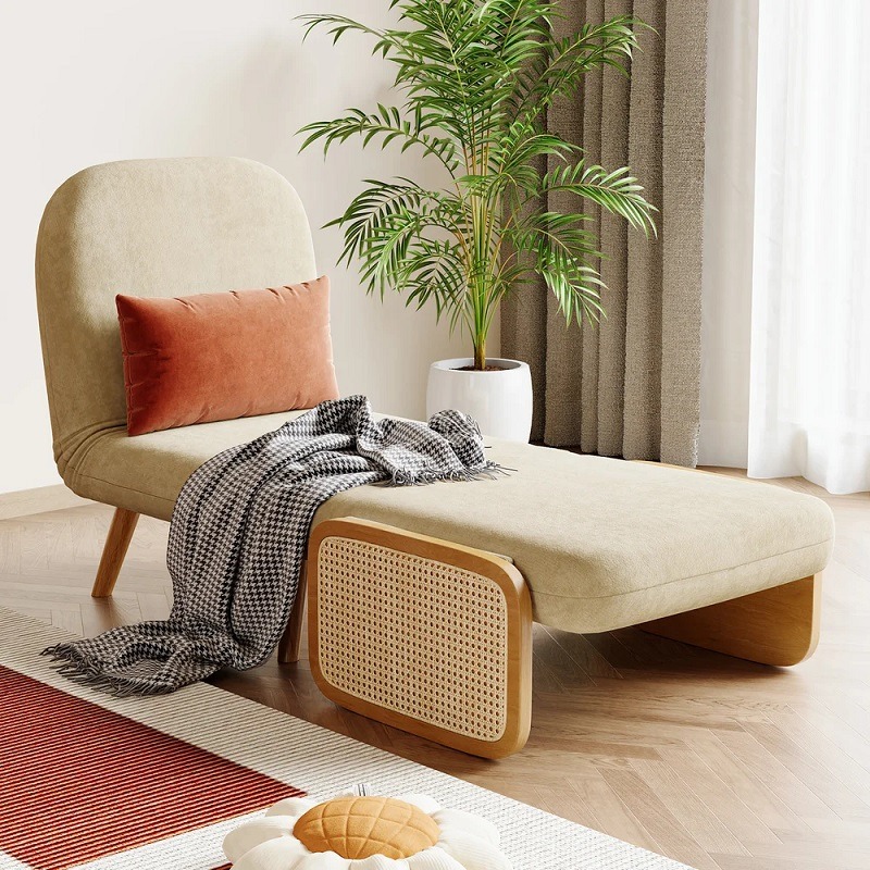 Beige Mid-Century 3-in-1 Convertible Sleeper Sofa Chair with Rattan Armrest