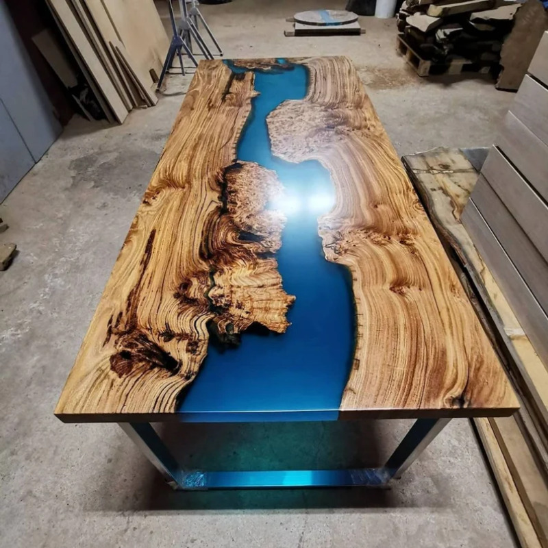 Lofty Solid Wood & Resin Epoxy Metal Frame Dining Table