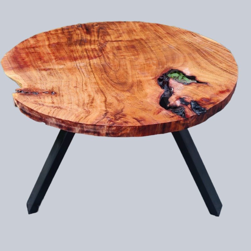 Live Edge Solid Wood Round Coffee Table in Brown & Black Colour