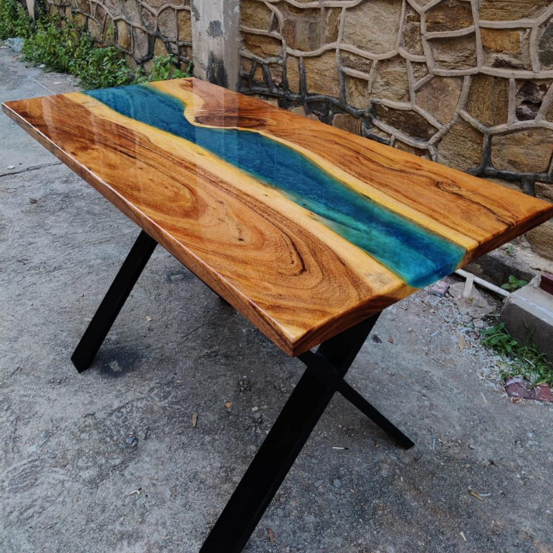 Oceanic Pearl Blue Epoxy Resin Solid Wood & Metal Frame Dinning Table
