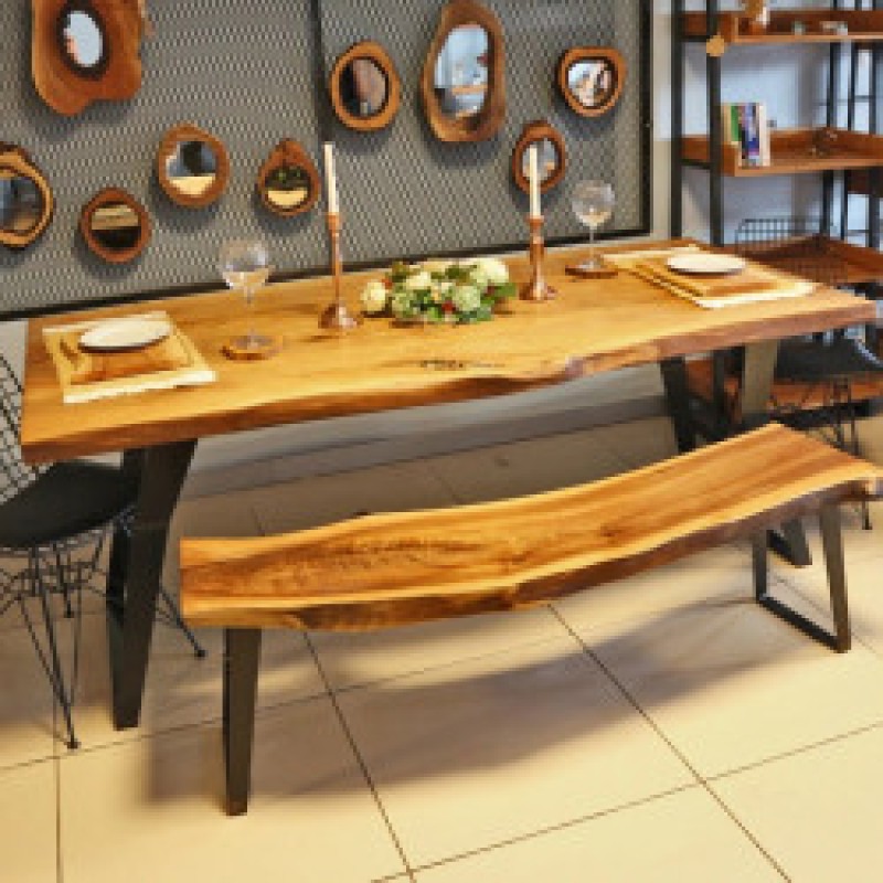 Farmhouse Live Edge Solid Wood Table With Bench