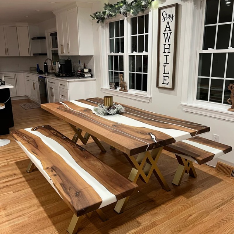 Personalized white Epoxy Table Epoxy Conference Table, White Epoxy River Table With 2 Metal Frame Bench