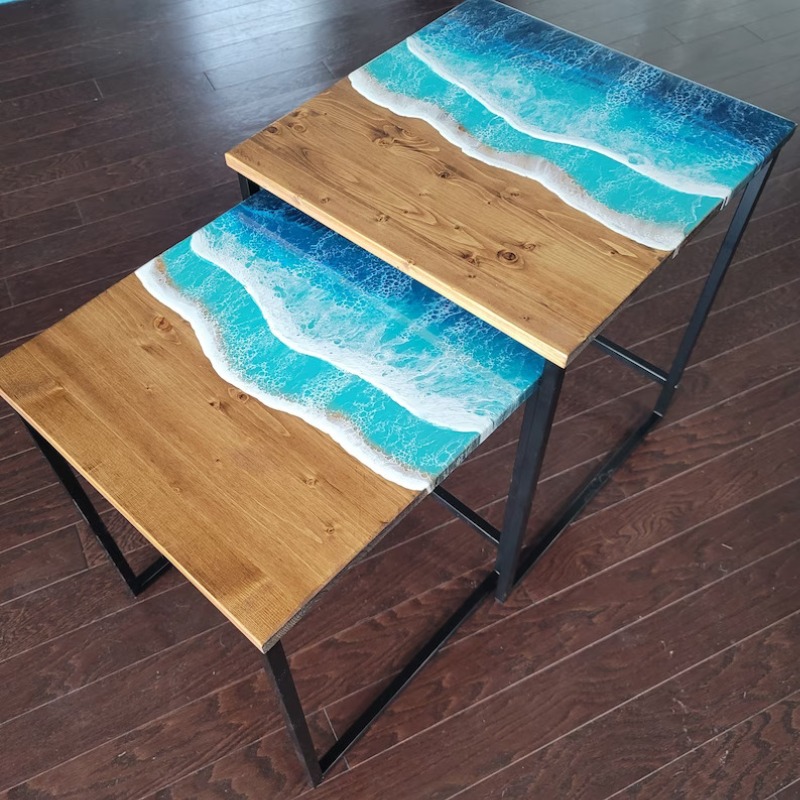 Epoxy Nesting Tables with Ocean Waves and Black Metal Legs