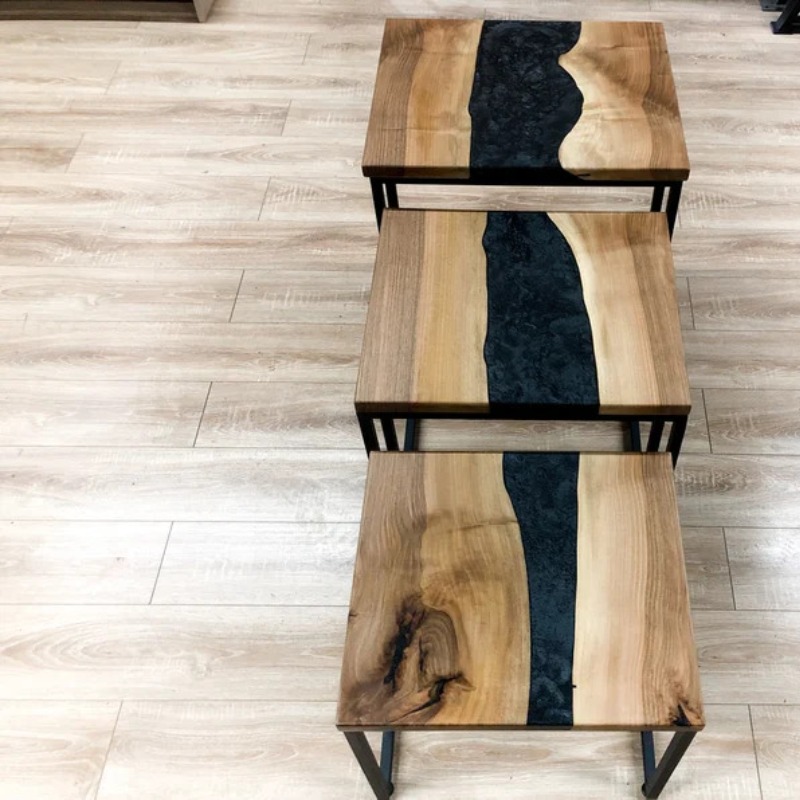 Nesting Coffee Table with matt Black River Epoxy ,Set of 3 Coffee Table, Side Table