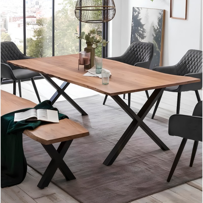 Native Acacia Solid Wood Live Edge Dining Table Metal Frame with Bench