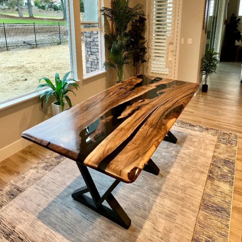 Monochrome Live Edge Epoxy Resin Dining Table (Glossy Finish)