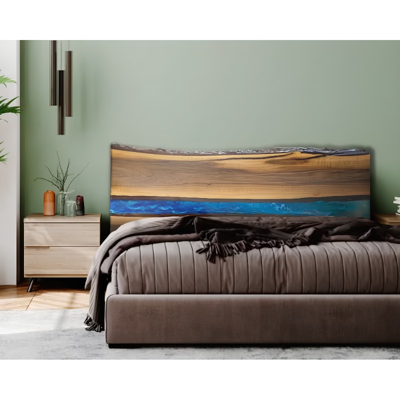 Sky Blue Epoxy Resin Live Edge Solid Wood Bad Headboard