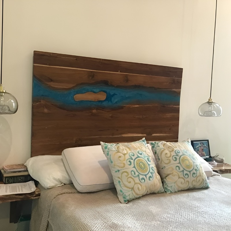 Blue River Epoxy Resin Solid Wood Bed Headboard