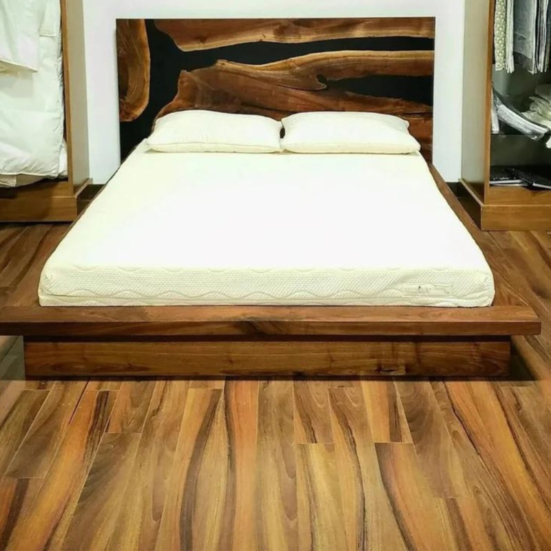 Midnight Black Dreams Epoxy River Solid Wood Bed Headboard