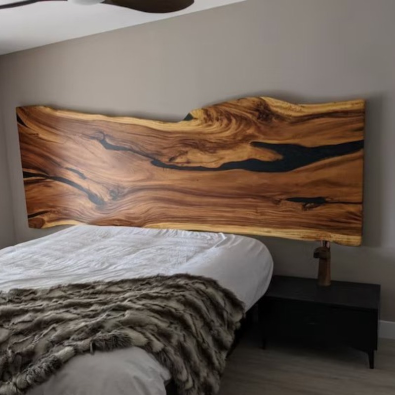 Onyx Black Epoxy Resin Solid Wood Live Edge Bed Headboard