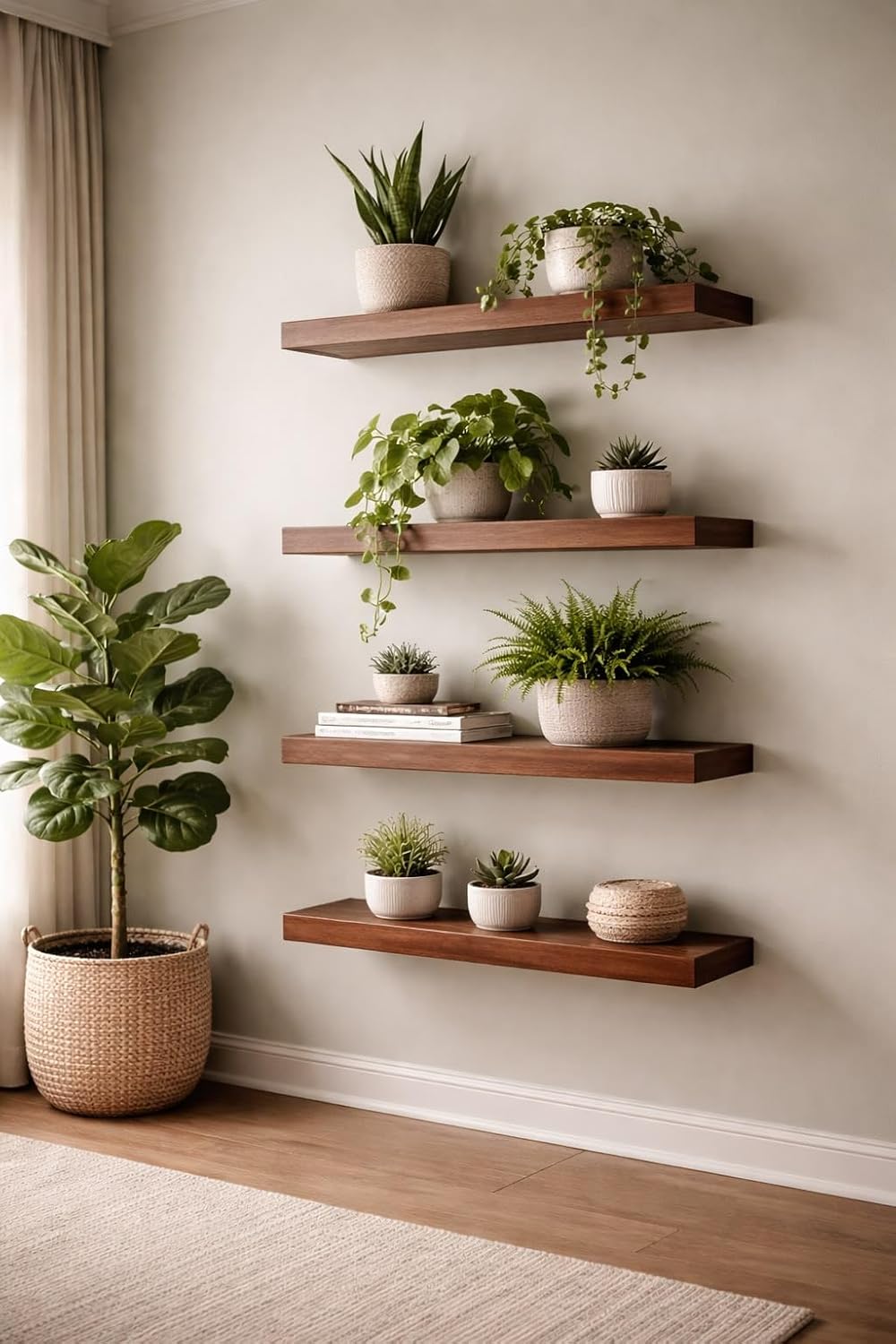 Wooden Floating Wall Shelves Set of 4 | Solid Wood Display Shelves for Living Room, Bedroom & Office
