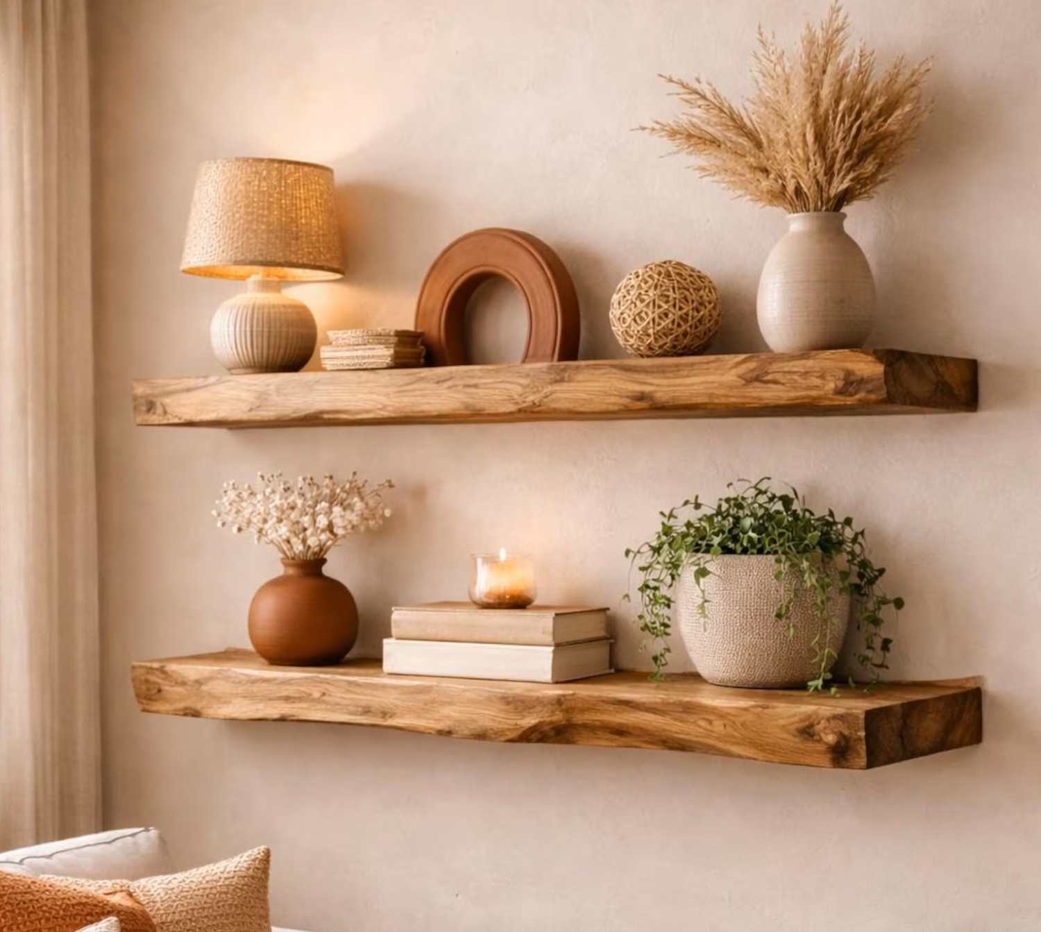 Live Edge Solid Wood Floating Shelves | Solid Wood Wall Shelf | Rustic Modern Decor | Custom Size Shelving | Living Room Shelf | Handmade - Set of 2