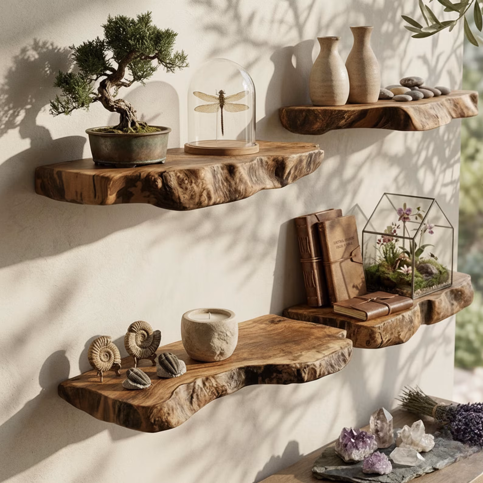 Live Edge Solid Wood Floating Wall Shelves Set of 4 | Live Edge Floating Shelves, Rustic Wood Wall Shelf, Handmade Floating Shelves, Natural Wood Shelves, natural edge shelf