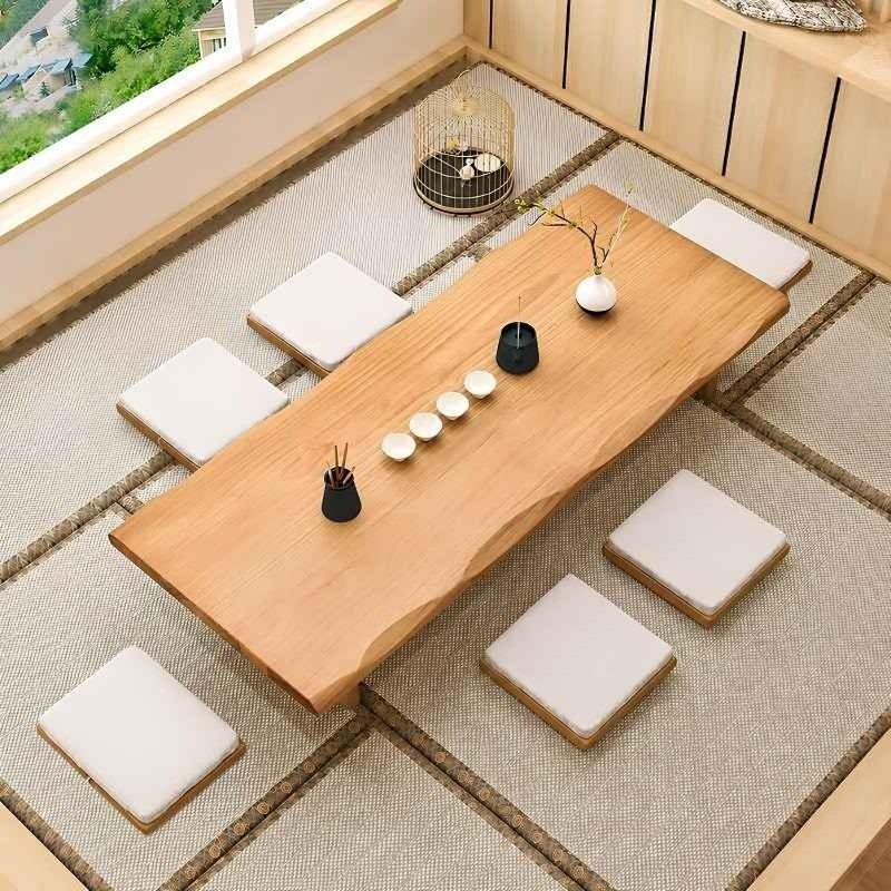 ZenCraft Solid Wood Japanese Tatami Tea Table Set with Cushioned Floor Seating | Modern Japandi Low Dining Table