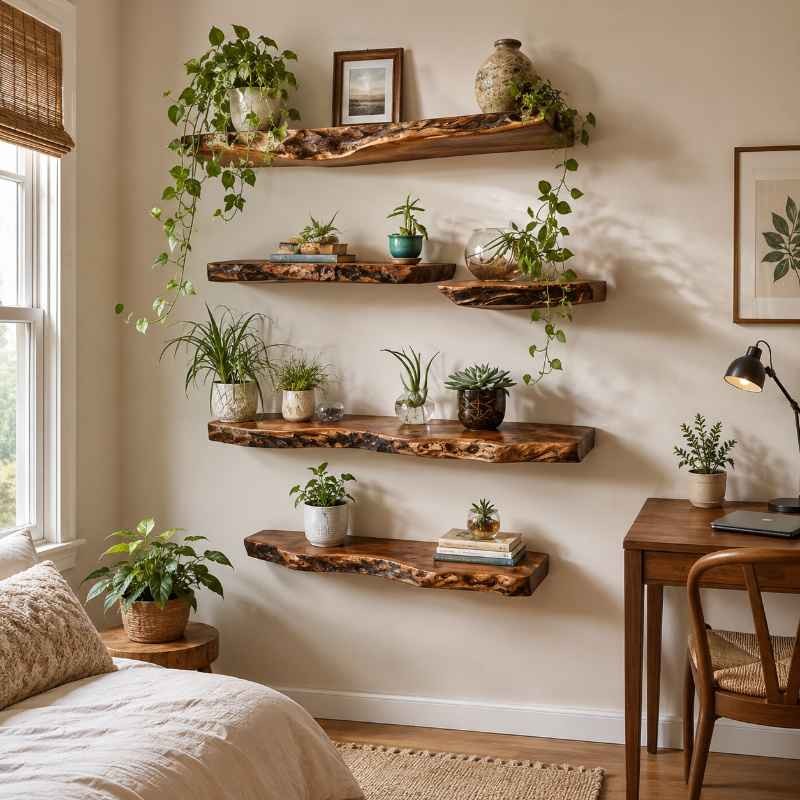 Tree Branch Live Edge Wall Shelf, Rustic Wall Shelf, Nature Inspired Decor - Wood Farmhouse Display Shelves - Set of 4