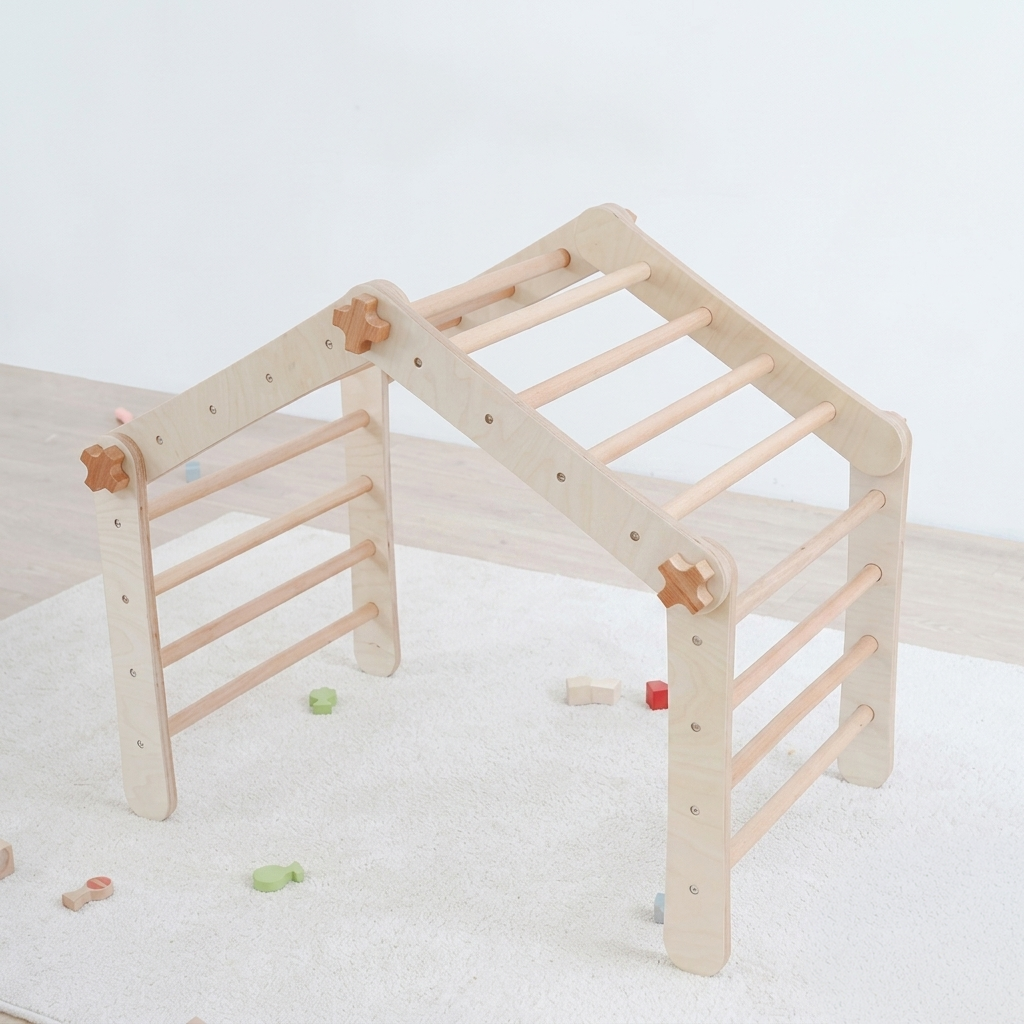 Natural Wood Convertible Montessori Climbing Frame for Kids | Multi-Shape Indoor Wooden Activity Gym